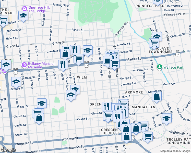 map of restaurants, bars, coffee shops, grocery stores, and more near 115 South 14th Street in Wilmington