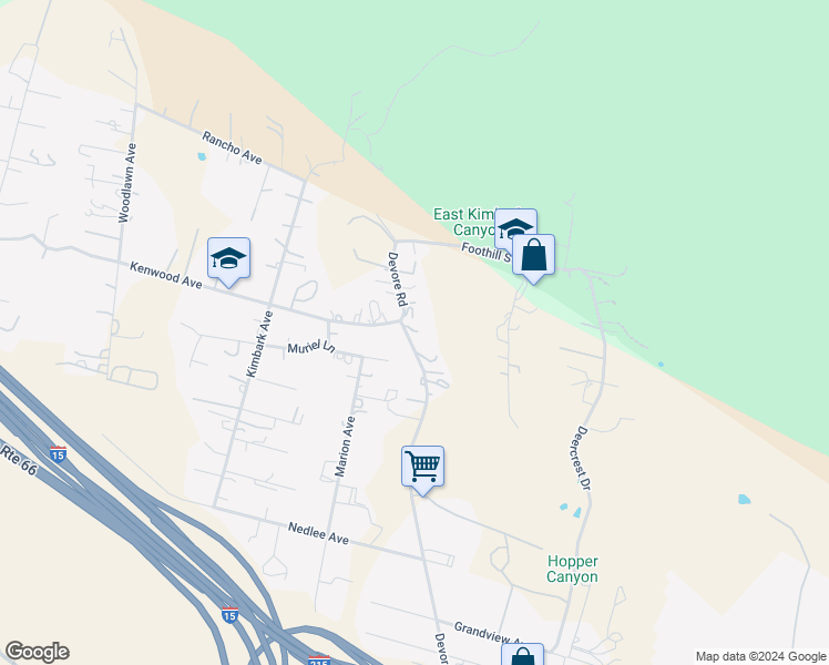 map of restaurants, bars, coffee shops, grocery stores, and more near 1053 Devore Road in San Bernardino