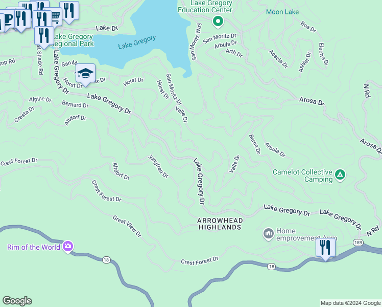 map of restaurants, bars, coffee shops, grocery stores, and more near 24654 Lake Gregory Drive in Crestline