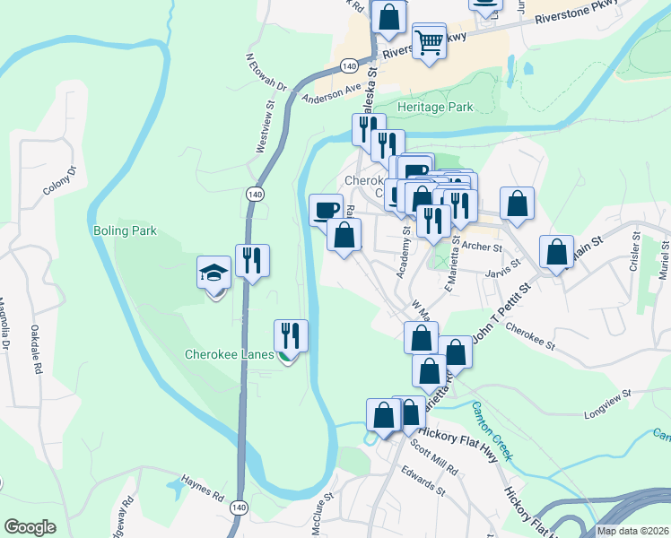 map of restaurants, bars, coffee shops, grocery stores, and more near 141 Railroad Street in Canton