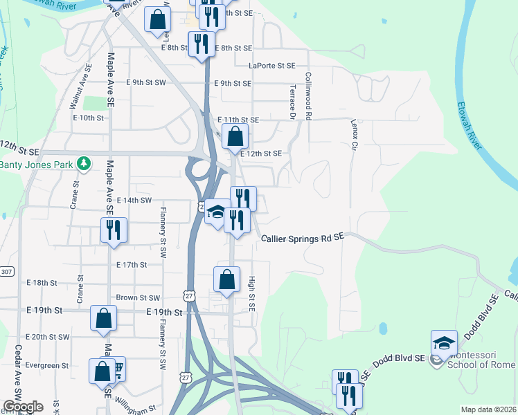 map of restaurants, bars, coffee shops, grocery stores, and more near 2501 Callier Springs Road Southeast in Rome