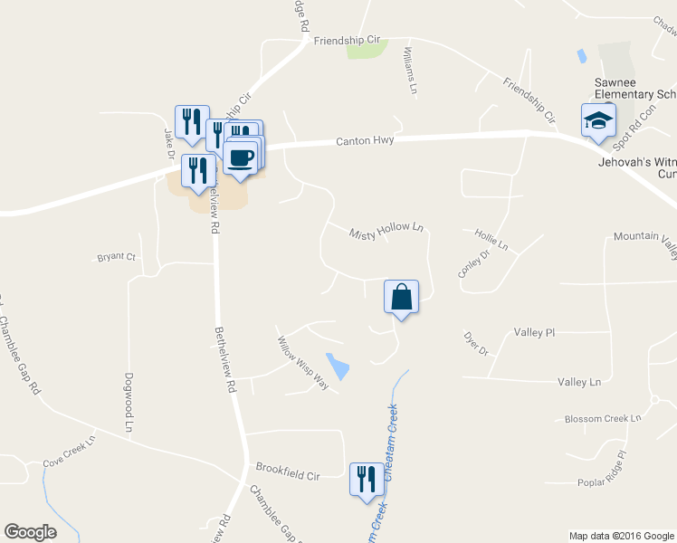 map of restaurants, bars, coffee shops, grocery stores, and more near 2501 Woodland Hills Drive in Cumming