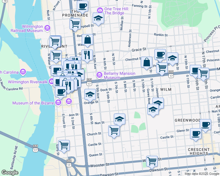 map of restaurants, bars, coffee shops, grocery stores, and more near 605 Dock St in Wilmington