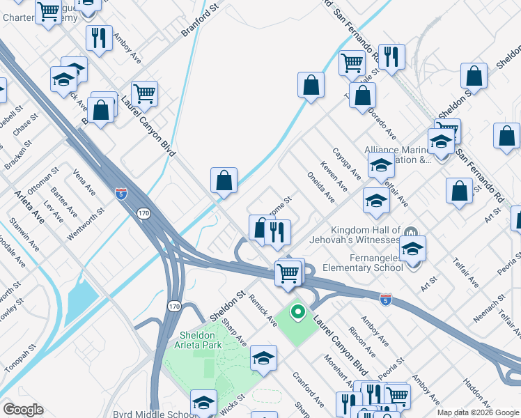 map of restaurants, bars, coffee shops, grocery stores, and more near 12438 Jerome Street in Los Angeles