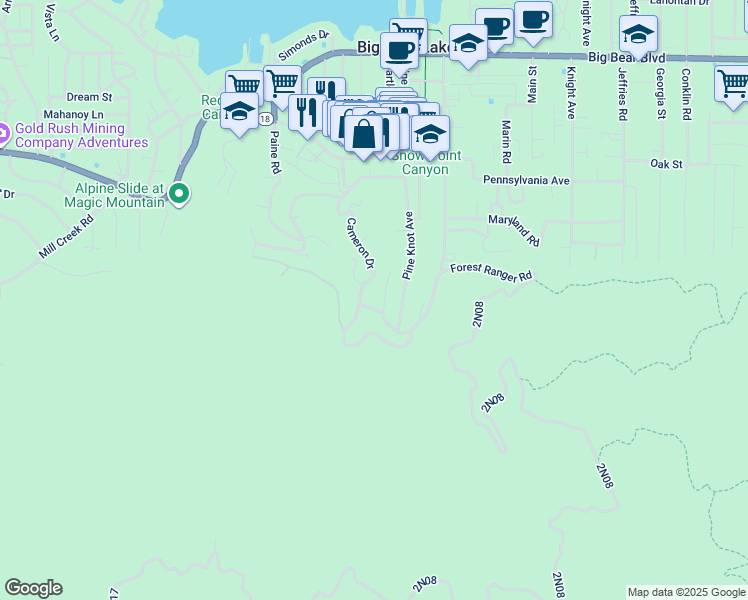 map of restaurants, bars, coffee shops, grocery stores, and more near 993 Cameron Drive in Big Bear Lake
