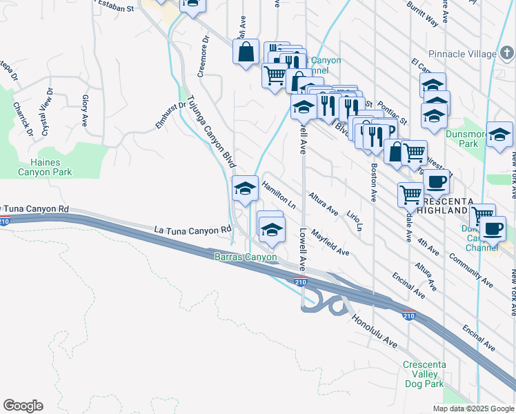 map of restaurants, bars, coffee shops, grocery stores, and more near 6301 Honolulu Avenue in Los Angeles