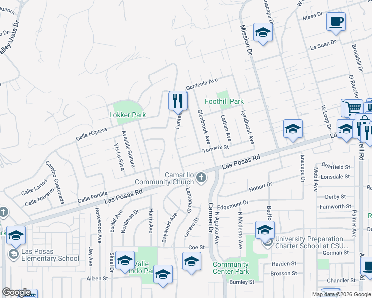 map of restaurants, bars, coffee shops, grocery stores, and more near 1344 Plumbago Street in Camarillo