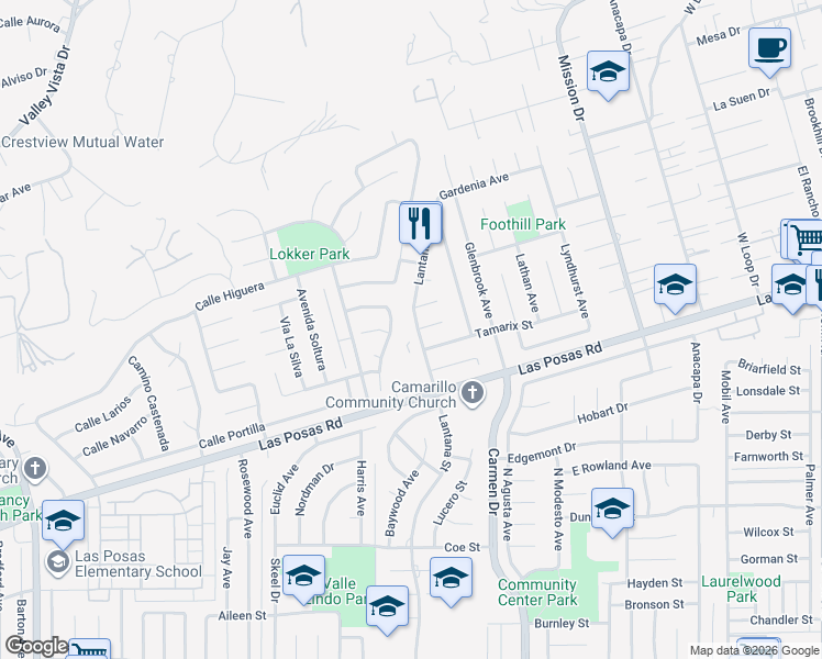 map of restaurants, bars, coffee shops, grocery stores, and more near 157 Lantana Street in Camarillo