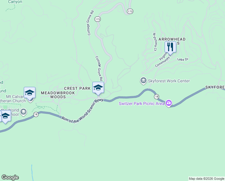 map of restaurants, bars, coffee shops, grocery stores, and more near 27917 Squirrel Lane in Lake Arrowhead