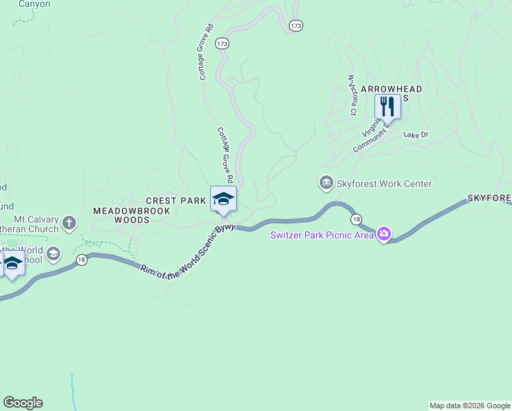map of restaurants, bars, coffee shops, grocery stores, and more near 27917 Squirrel Lane in Lake Arrowhead