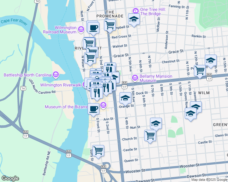 map of restaurants, bars, coffee shops, grocery stores, and more near 612 Council Street in Wilmington
