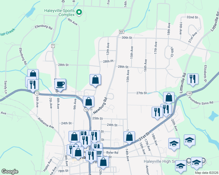map of restaurants, bars, coffee shops, grocery stores, and more near 2675 Newburg Road in Haleyville