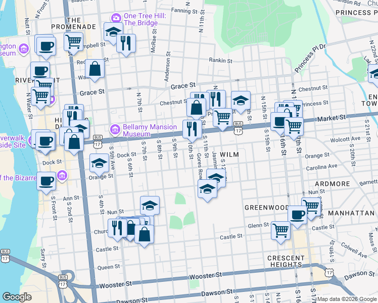 map of restaurants, bars, coffee shops, grocery stores, and more near 111 Magnolia Street in Wilmington