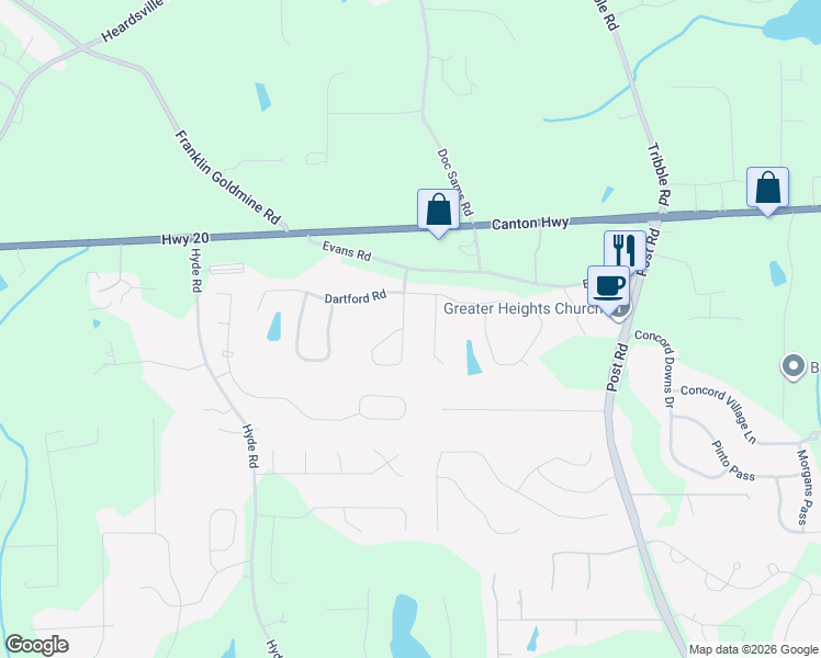 map of restaurants, bars, coffee shops, grocery stores, and more near 4255 Evans Farms Drive in Cumming