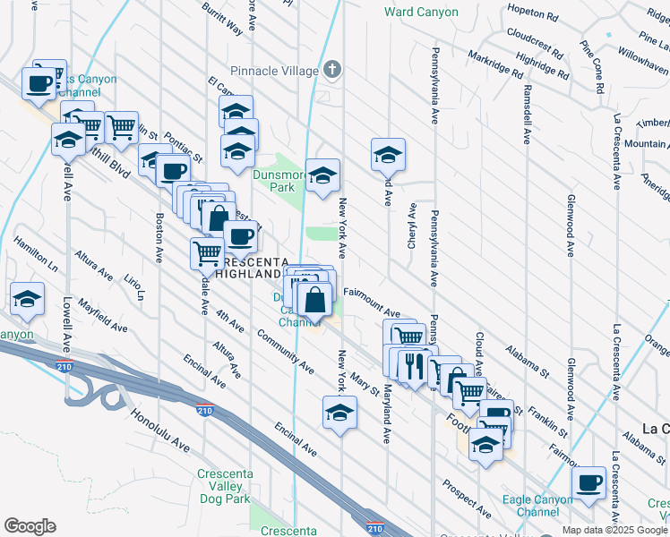 map of restaurants, bars, coffee shops, grocery stores, and more near 4528 Frederick Avenue in Glendale