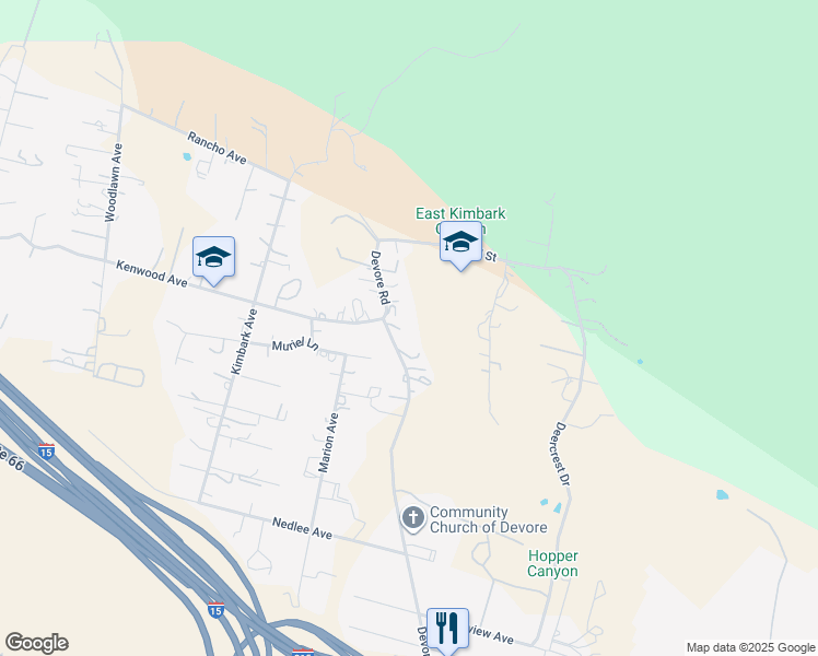 map of restaurants, bars, coffee shops, grocery stores, and more near 1053 Devore Road in San Bernardino