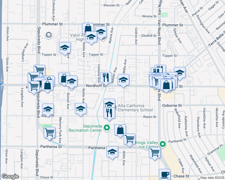 map of restaurants, bars, coffee shops, grocery stores, and more near 14847 West Maple Terrace in Los Angeles