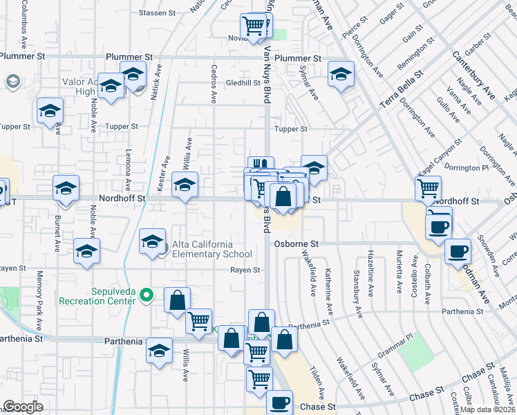 map of restaurants, bars, coffee shops, grocery stores, and more near 9053 Van Nuys Boulevard in Los Angeles