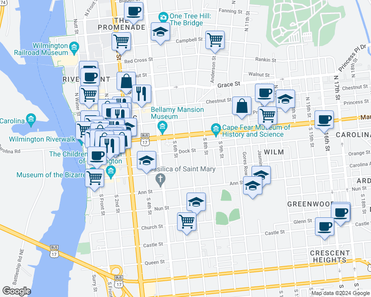 map of restaurants, bars, coffee shops, grocery stores, and more near 613 Dock Street in Wilmington