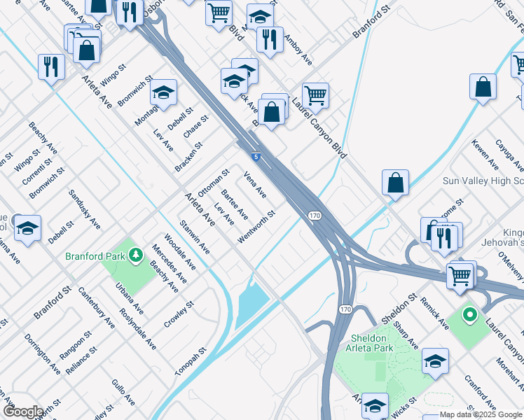 map of restaurants, bars, coffee shops, grocery stores, and more near 12944 Wentworth Street in Los Angeles
