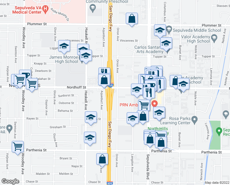 map of restaurants, bars, coffee shops, grocery stores, and more near 9015 Orion Avenue in Los Angeles