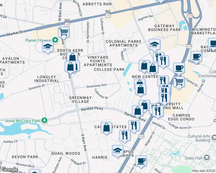 map of restaurants, bars, coffee shops, grocery stores, and more near 306 Red Bud Circle in Wilmington