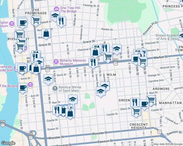 map of restaurants, bars, coffee shops, grocery stores, and more near 111 Magnolia Street in Wilmington