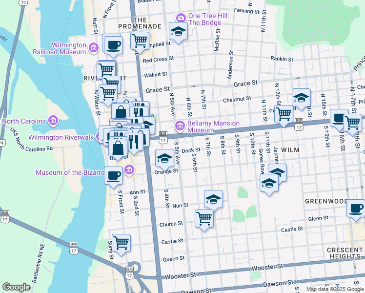 map of restaurants, bars, coffee shops, grocery stores, and more near 101 South 5th Avenue in Wilmington