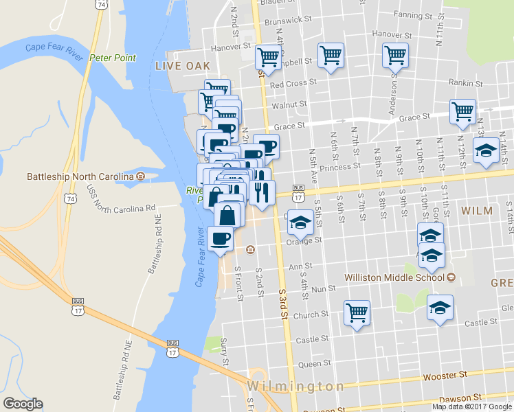 map of restaurants, bars, coffee shops, grocery stores, and more near 26 South 2nd Street in Wilmington