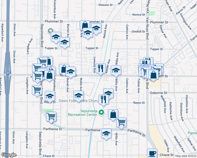 map of restaurants, bars, coffee shops, grocery stores, and more near 14924 Nordhoff Street in Los Angeles
