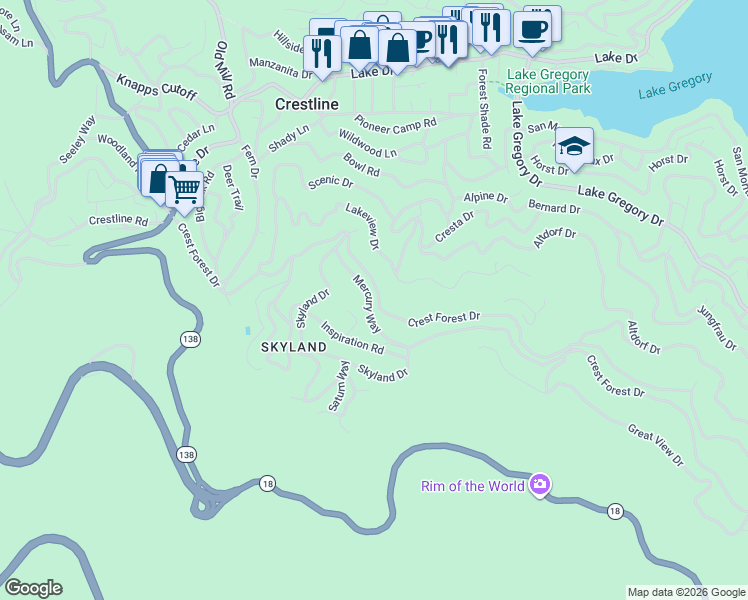map of restaurants, bars, coffee shops, grocery stores, and more near 999 Mercury Way in Crestline