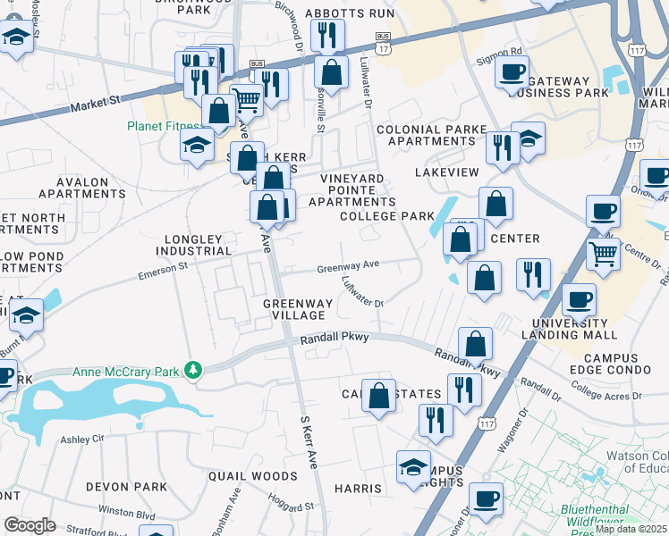 map of restaurants, bars, coffee shops, grocery stores, and more near 4618 Greenway Avenue in Wilmington