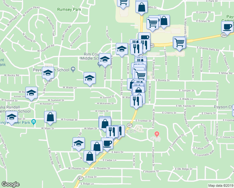 map of restaurants, bars, coffee shops, grocery stores, and more near 313 West Wade Lane in Payson