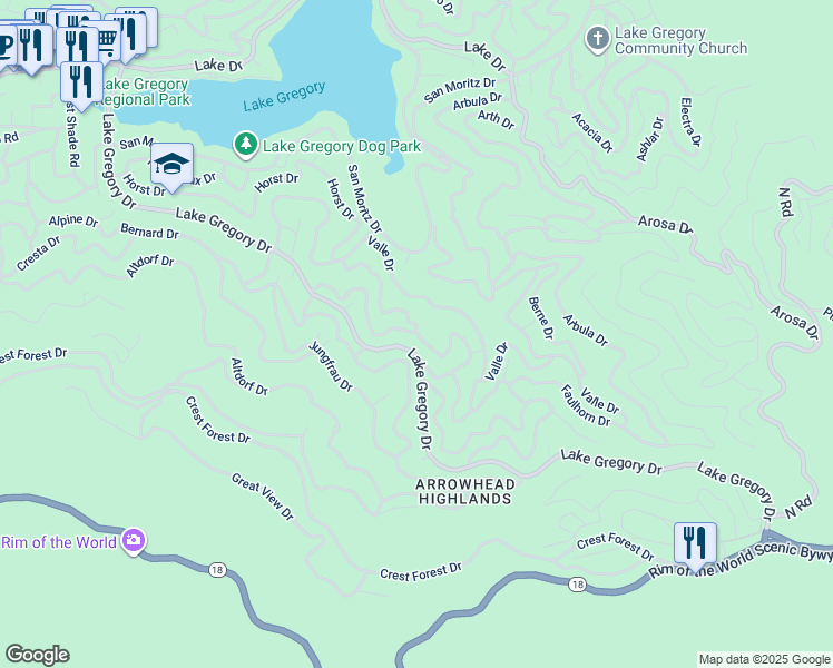 map of restaurants, bars, coffee shops, grocery stores, and more near 1000 Nesthorn Drive in Crestline