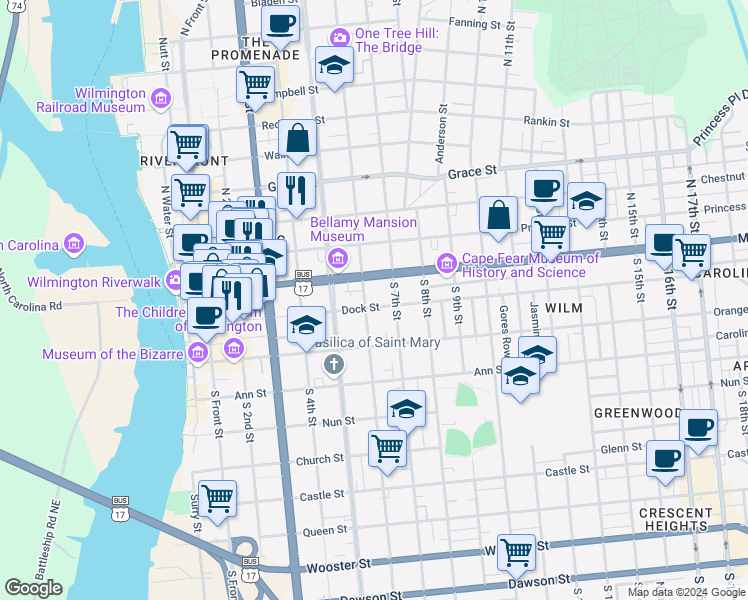 map of restaurants, bars, coffee shops, grocery stores, and more near 605 Dock St in Wilmington