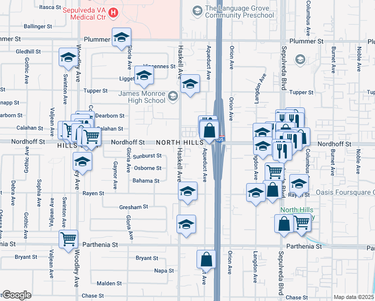 map of restaurants, bars, coffee shops, grocery stores, and more near 9028 Haskell Avenue in Los Angeles