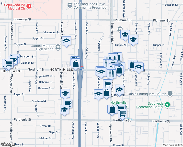 map of restaurants, bars, coffee shops, grocery stores, and more near 15532 Nordhoff Street in Los Angeles