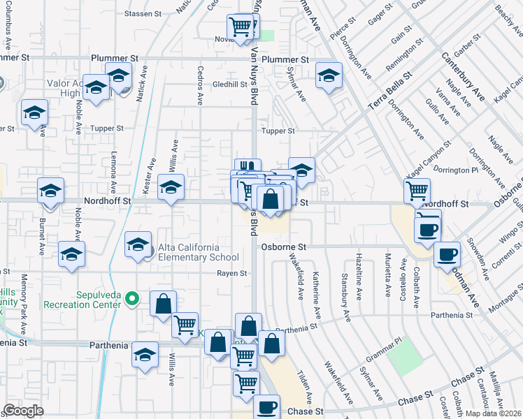 map of restaurants, bars, coffee shops, grocery stores, and more near 9053 Van Nuys Boulevard in Los Angeles