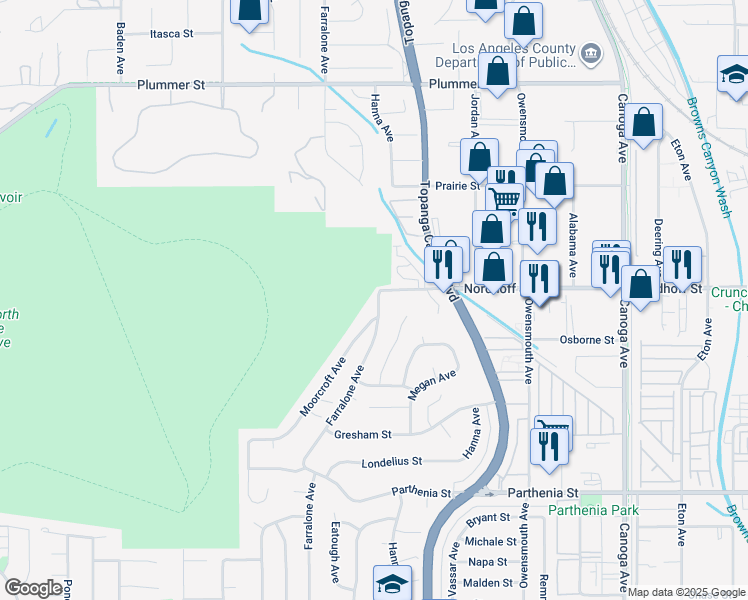 map of restaurants, bars, coffee shops, grocery stores, and more near 9019 Farralone Avenue in Los Angeles