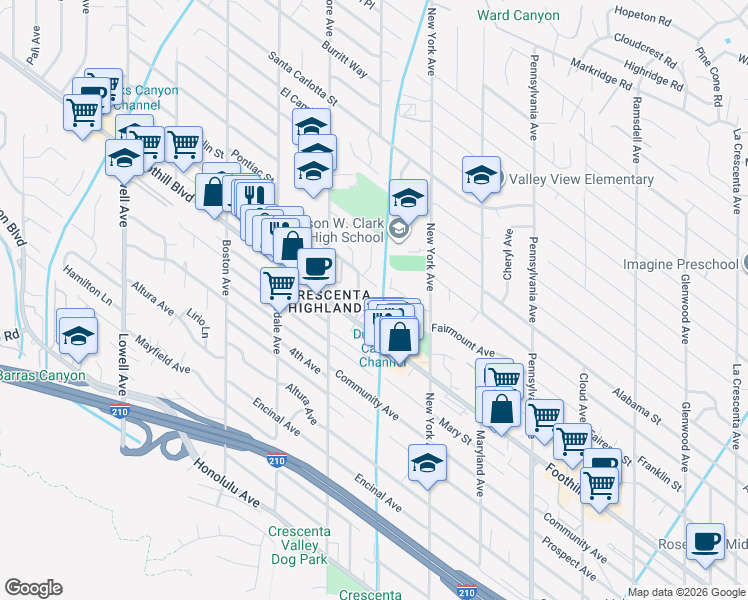 map of restaurants, bars, coffee shops, grocery stores, and more near 3504 Danny Drive in Glendale