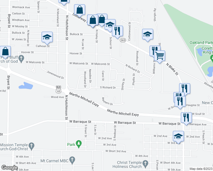 map of restaurants, bars, coffee shops, grocery stores, and more near 41 South Richard Drive in Pine Bluff