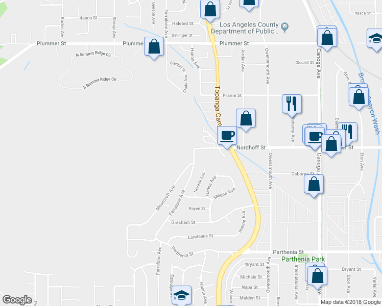 map of restaurants, bars, coffee shops, grocery stores, and more near 9019 Farralone Avenue in Los Angeles