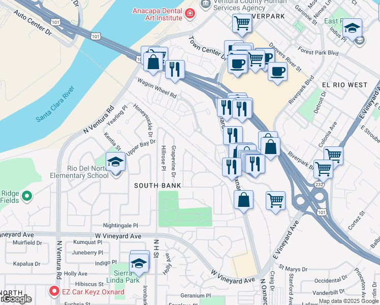 map of restaurants, bars, coffee shops, grocery stores, and more near 2560 Apple Lane in Oxnard