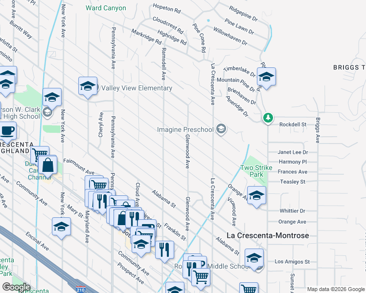 map of restaurants, bars, coffee shops, grocery stores, and more near 2851 Orange Avenue in La Crescenta-Montrose