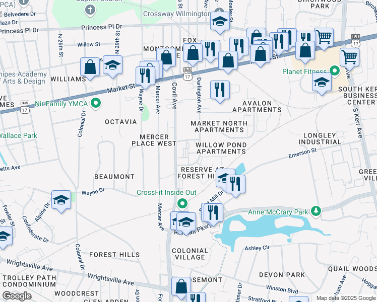 map of restaurants, bars, coffee shops, grocery stores, and more near 315 Covil Avenue in Wilmington