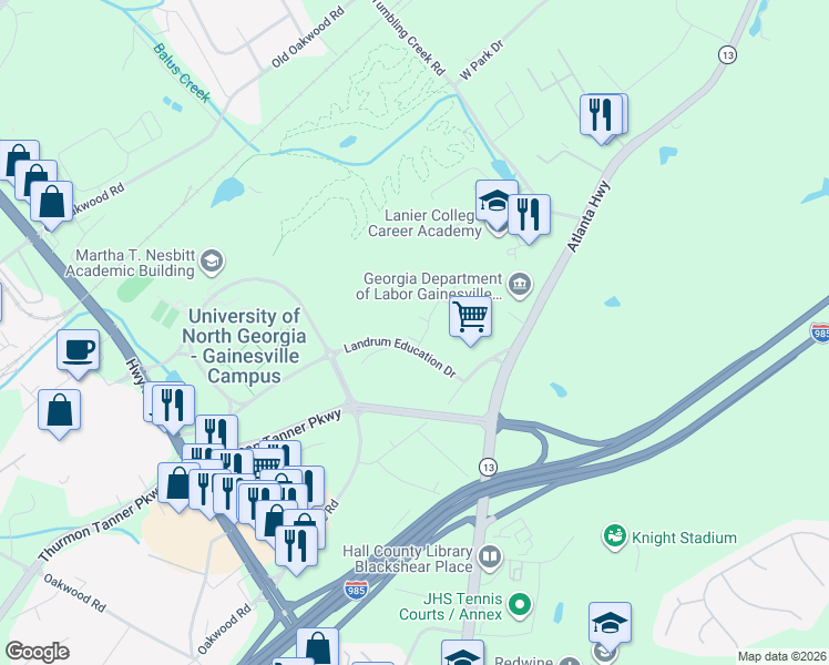 map of restaurants, bars, coffee shops, grocery stores, and more near 2920 Landrum Education Drive in Oakwood