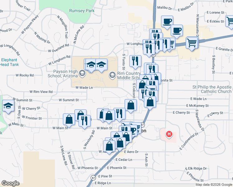 map of restaurants, bars, coffee shops, grocery stores, and more near 309-405 West Summit Street in Payson