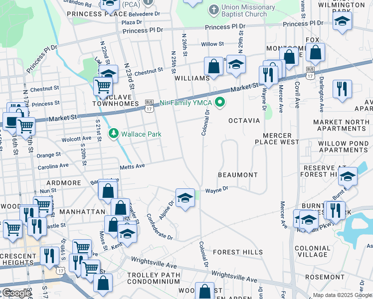 map of restaurants, bars, coffee shops, grocery stores, and more near 213 Forest Hills Drive in Wilmington