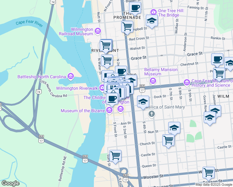 map of restaurants, bars, coffee shops, grocery stores, and more near 118 Market Street in Wilmington