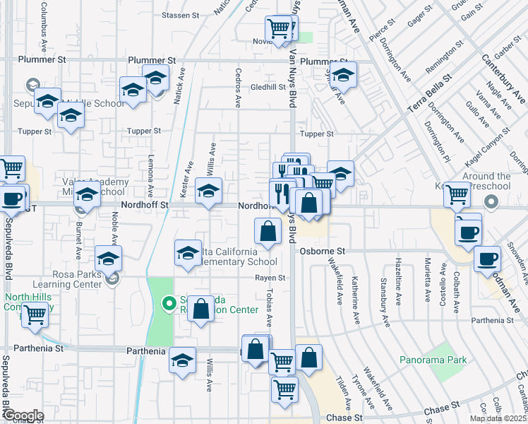 map of restaurants, bars, coffee shops, grocery stores, and more near 9045 Tobias Avenue in Los Angeles